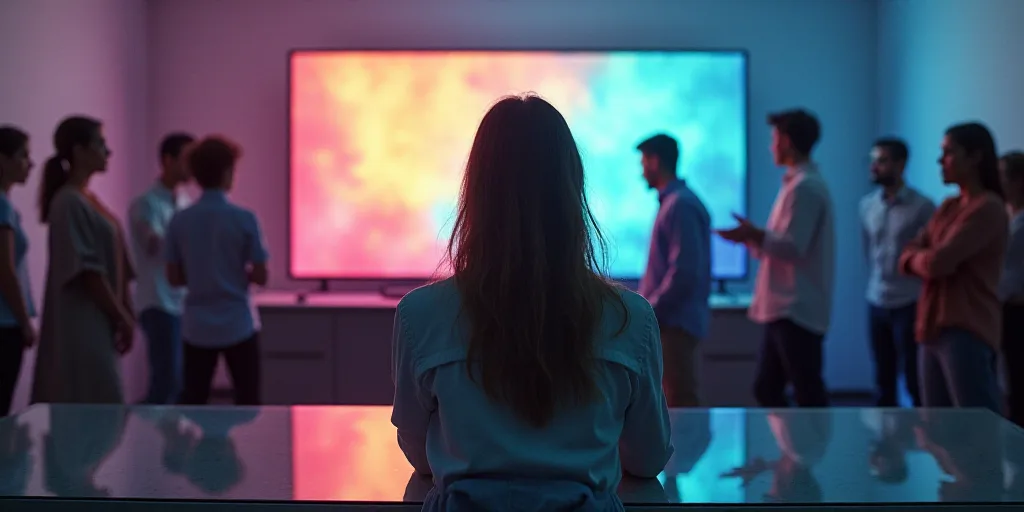 a woman looking at a television screen with a group of people behind her in a room with a glass tabl