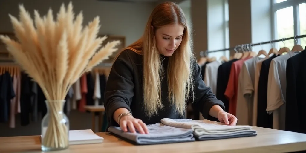 a woman looking at clothes on a table in a store with a vase of dried grass in the foreground, Chris