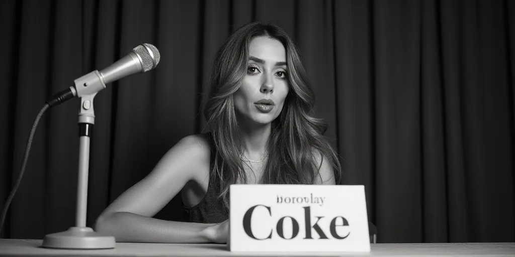 a woman making a face while sitting at a table with a microphone in front of her and a sign in front