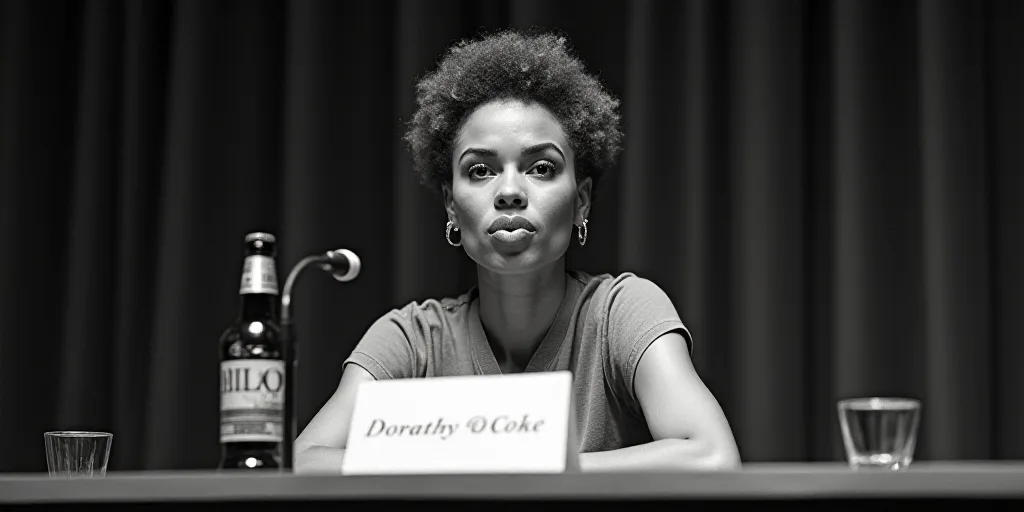 a woman making a face while sitting at a table with a microphone in front of her and a sign in front