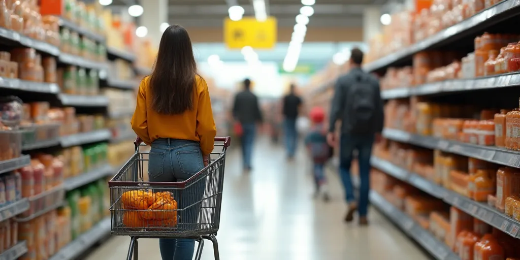 a woman pushing a shopping cart through a grocery store aisle with people shopping in the aisles beh