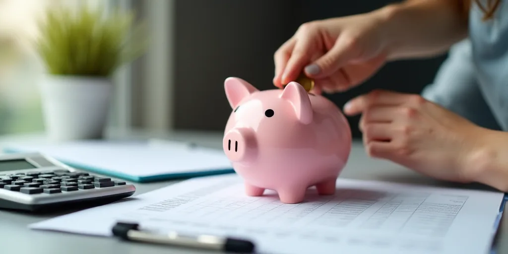 a woman putting a coin into a piggy bank next to a calculator and a clipboard, Évariste Vital Lumin