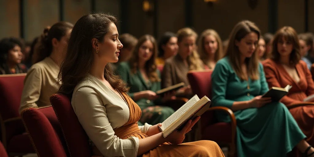 a woman reading a book in a crowd of people sitting down and standing up in chairs with a book in he