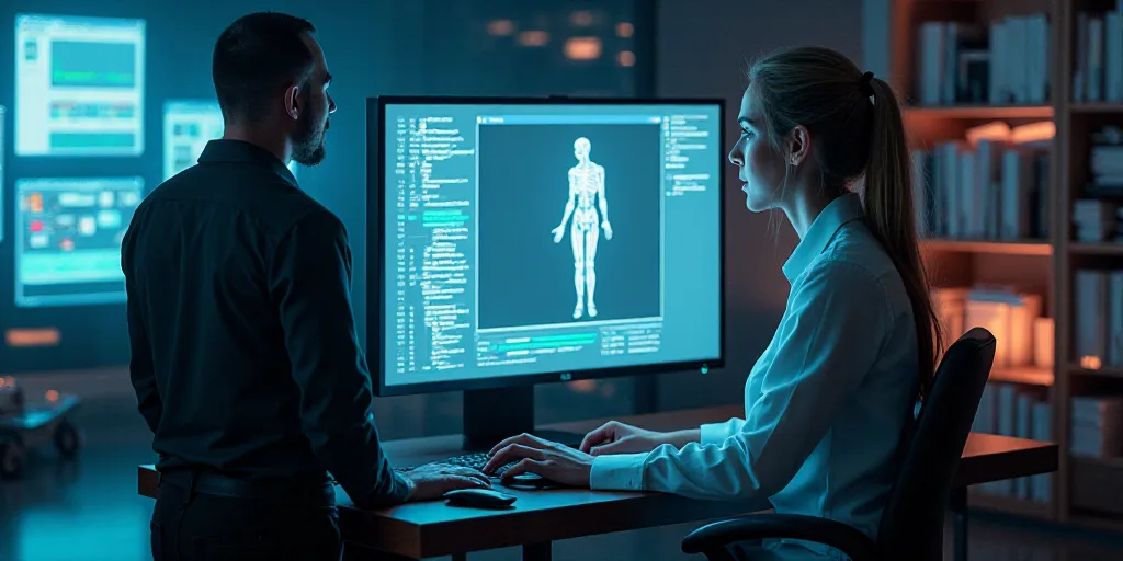 a woman sitting at a desk in front of a computer screen with a human figure on it and a man standing