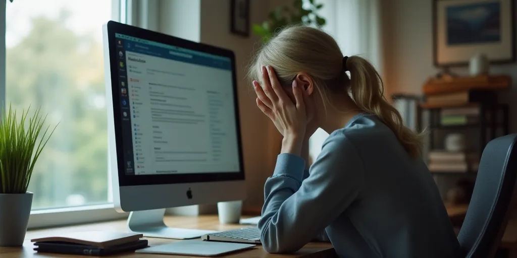 a woman sitting at a desk with a laptop and a monitor on it, with her head in her hands, Andries Sto