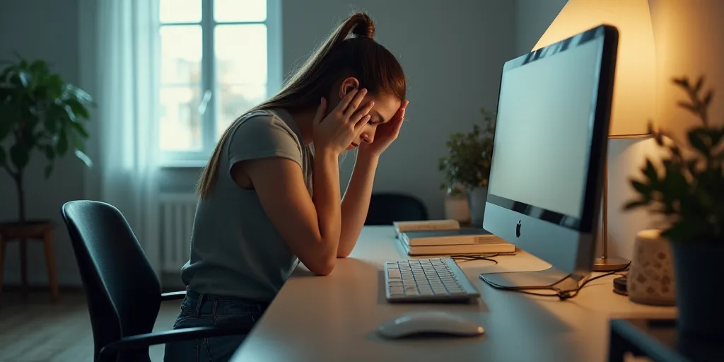 a woman sitting at a desk with a laptop and a monitor on it, with her head in her hands, Andries Sto