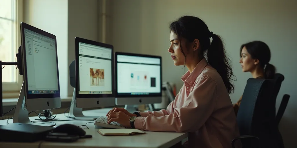 a woman sitting at a desk with a computer and a monitor on it with a woman standing behind her, Ada