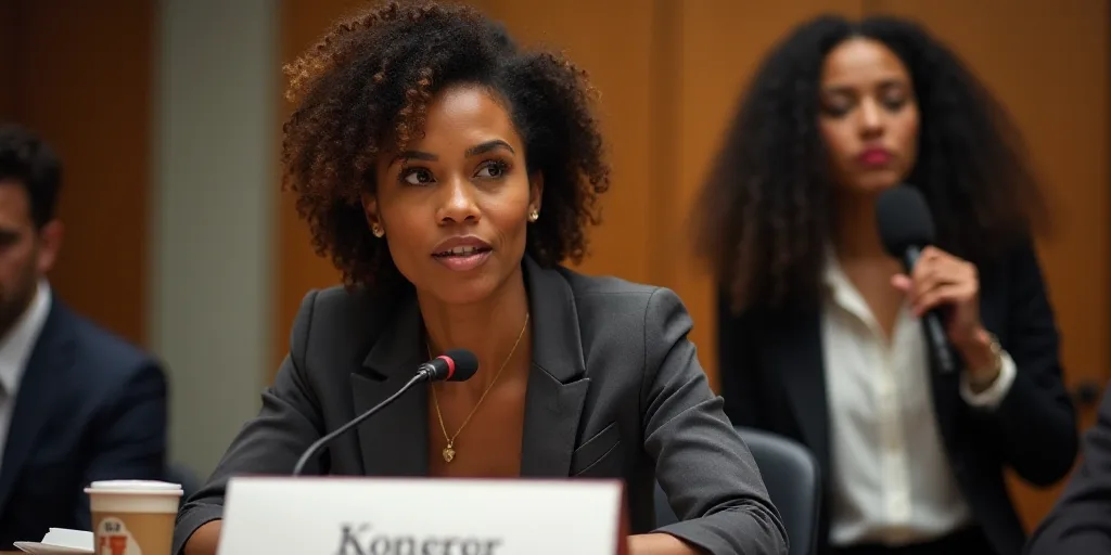 a woman sitting at a table with a sign in front of her and another woman standing behind her with a