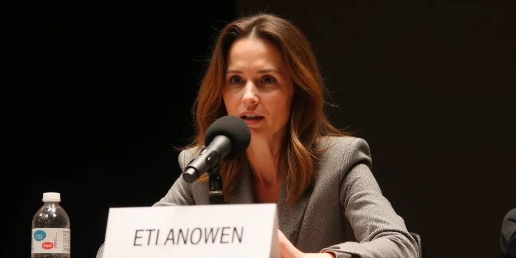 a woman sitting at a table with a microphone in front of her and a sign in front of her, Elisabeth C