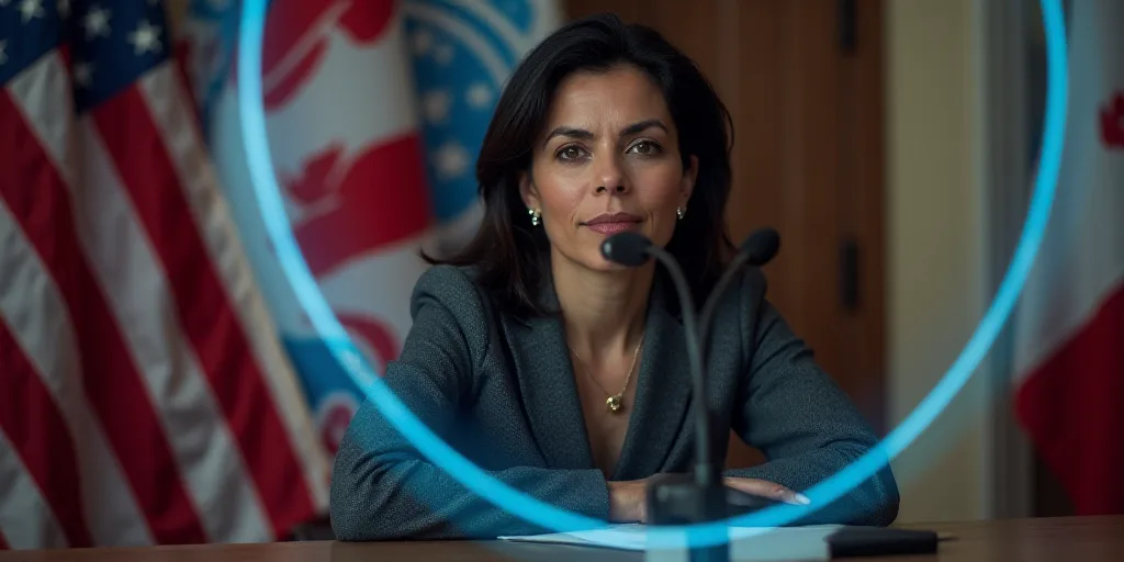 a woman sitting at a table with a microphone in front of her and a flag behind her in the background
