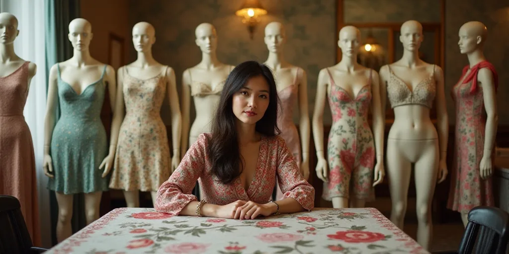 a woman sitting at a table with a lot of mannequins behind her in a room with a lot of mannequins, A