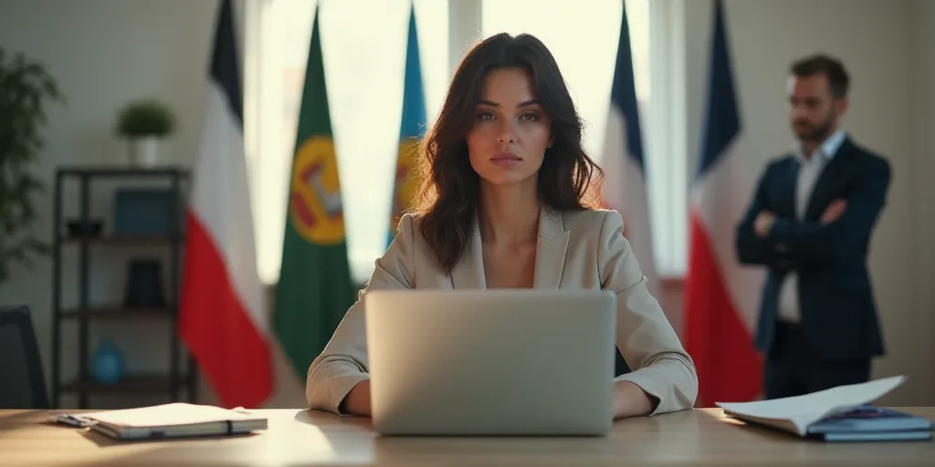 a woman sitting in front of a desk with a laptop computer on it and flags behind her and a man in a