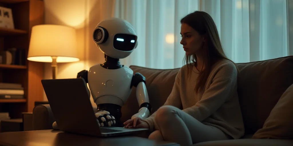 a woman sitting on a couch next to a robot on a laptop computer in a living room with a lamp on, Bee
