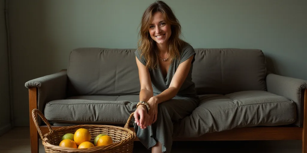 a woman sitting on a couch smiling at the camera with a basket of fruit in front of her on the floor