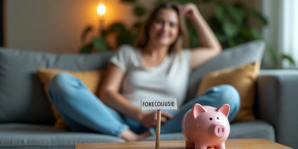a woman sitting on a couch with a piggy bank in front of her and a foreclosure sign, Avgust Černigo