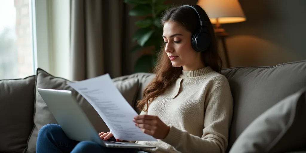 a woman sitting on a couch with a laptop and headphones on her head, looking at a paper, Anna Findla