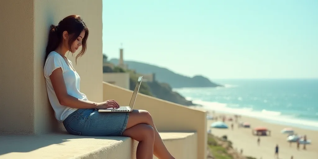 a woman sitting on a wall with a laptop computer in front of her and a beach scene with people walki