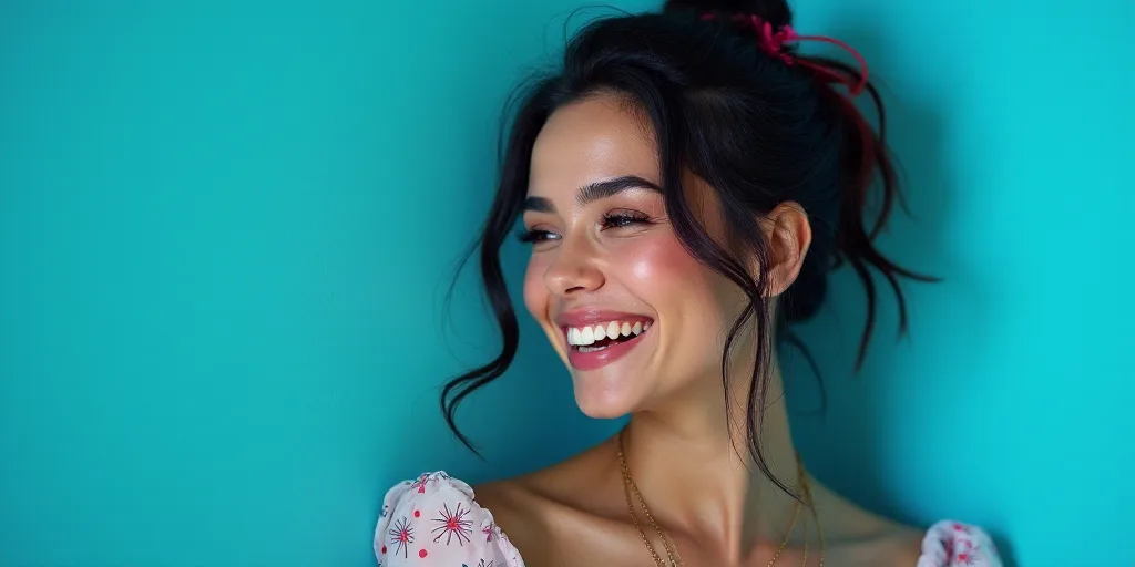 a woman smiling with a blue background and a black and white photo of her with the caption, melly ac