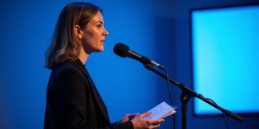 a woman speaking into a microphone in front of a blue wall with a white background and a blue screen