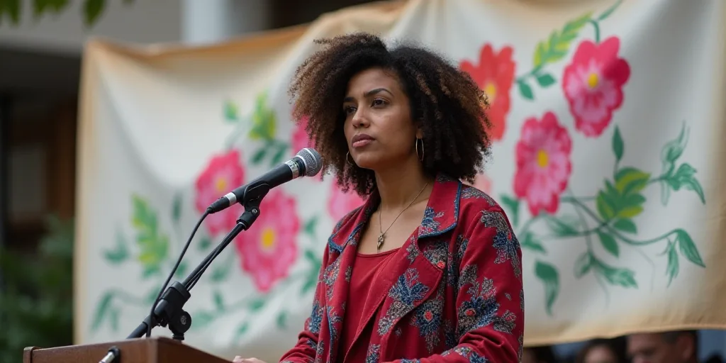a woman standing at a microphone in front of a banner with flowers on it and a microphone in front o