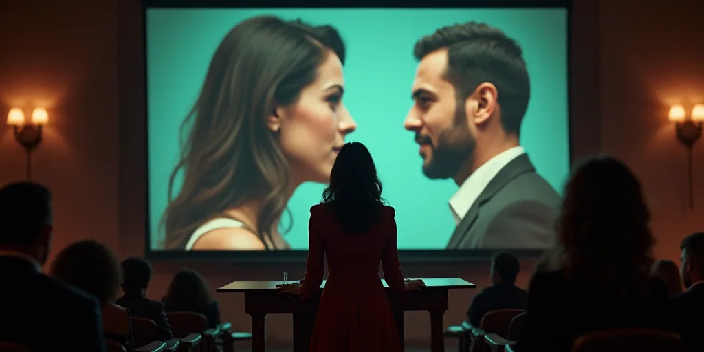 a woman standing at a podium in front of a screen with a picture of a man and a woman, Eva Gonzalès