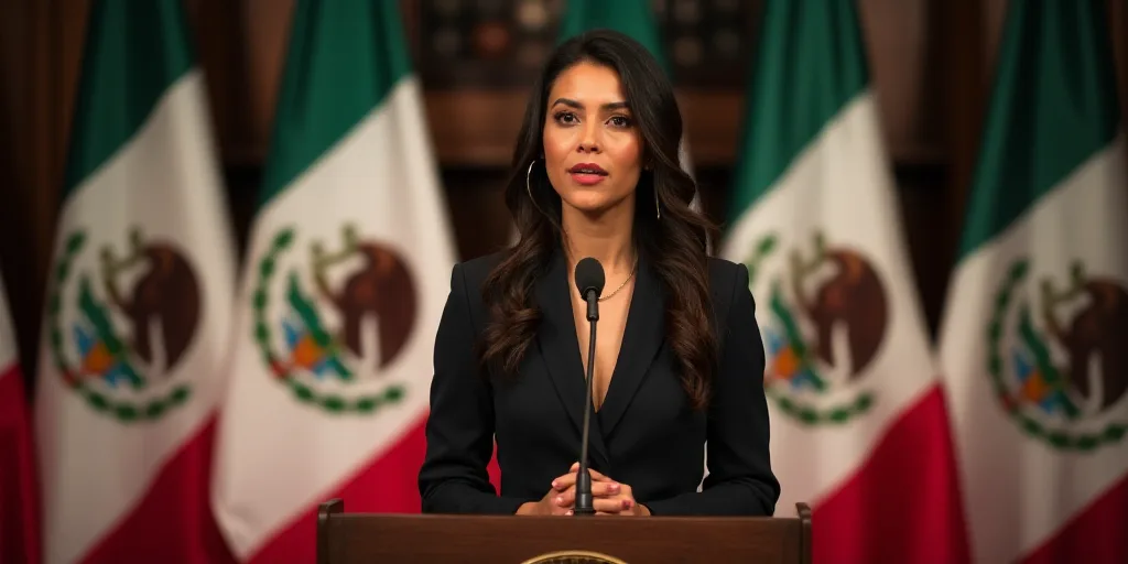 a woman standing at a podium in front of flags of mexico and mexico, with a microphone in front of h