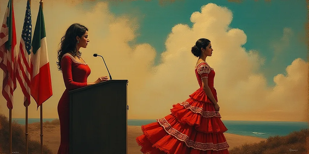 a woman standing at a podium in front of flags and a painting of a woman in a mexican dress, Araceli