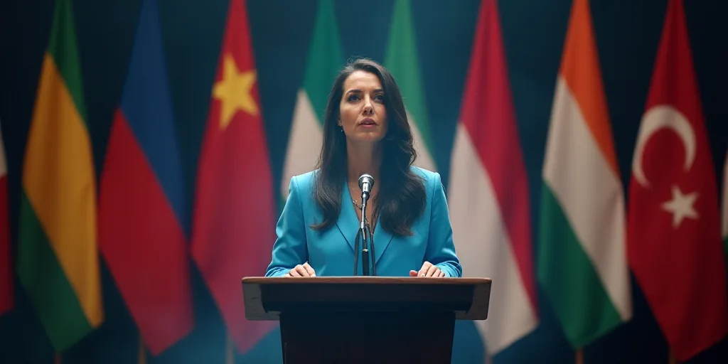 a woman standing at a podium in front of flags of different countries and a microphone in front of h