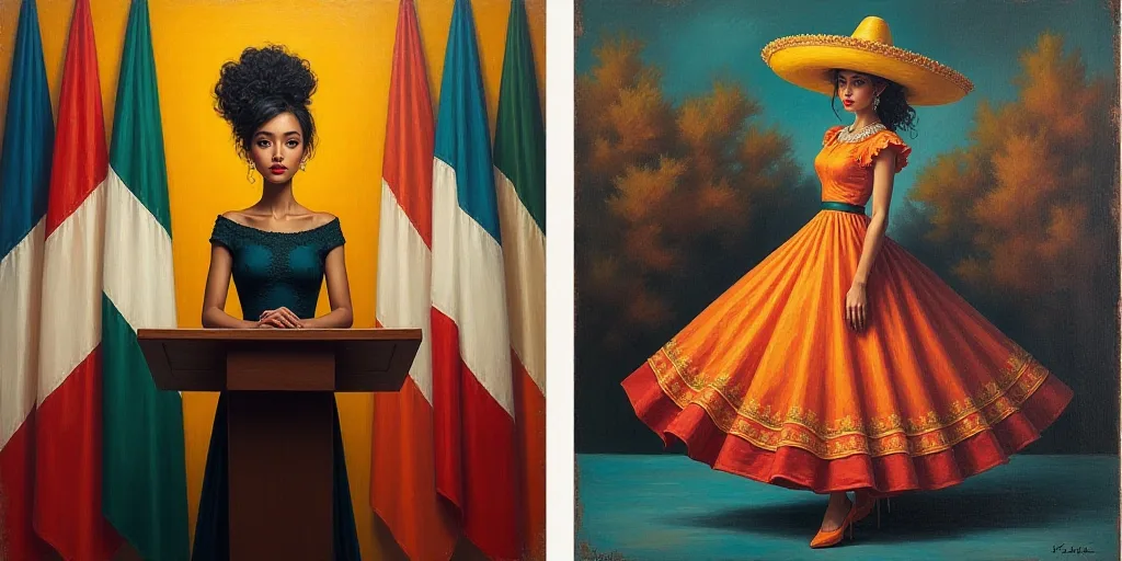 a woman standing at a podium in front of flags and a painting of a woman in a mexican dress, Araceli