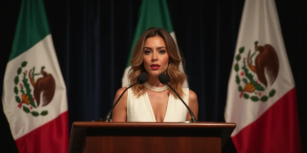a woman standing at a podium in front of two flags and a microphone in front of her is a mexican fla
