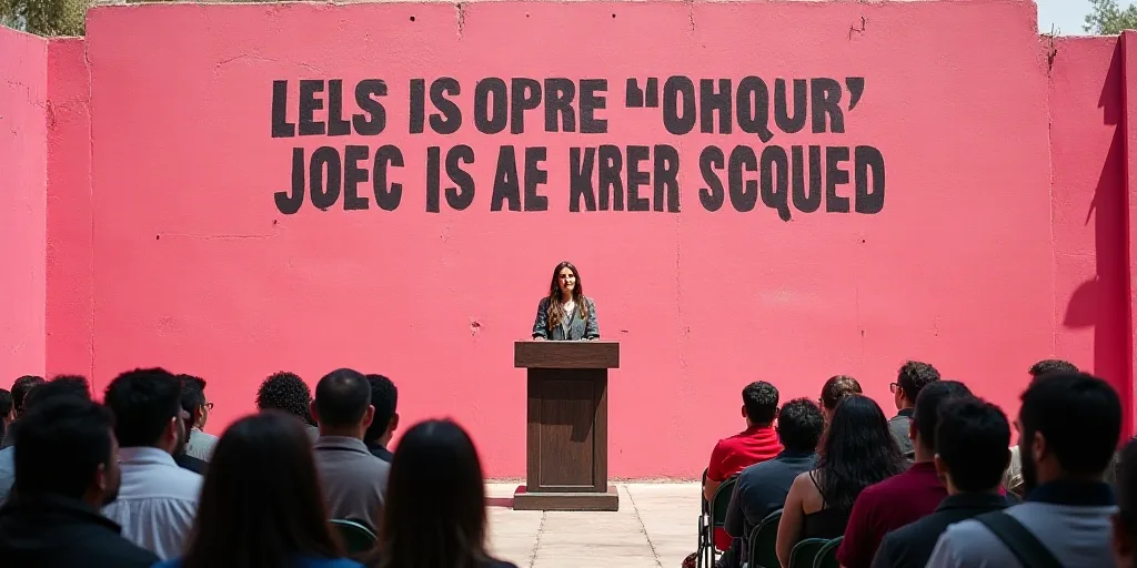 a woman standing at a podium in front of a crowd of people in front of a pink wall with a sign, Davi
