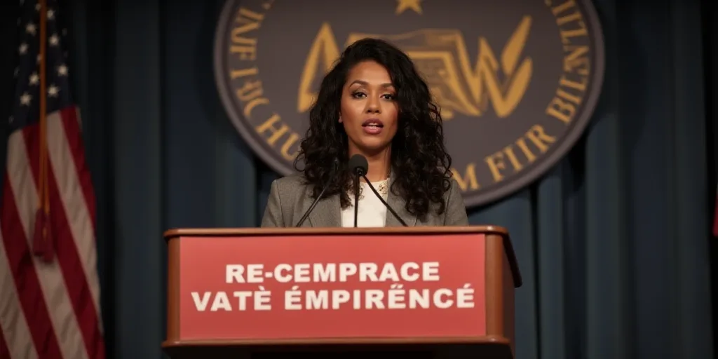 a woman standing at a podium in front of a banner and a microphone in front of her is a woman standi