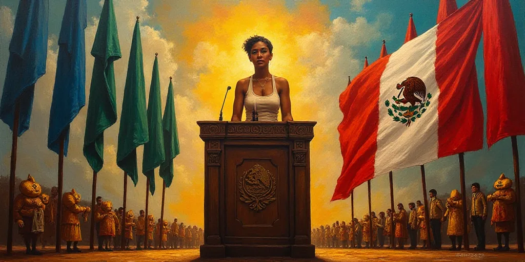 a woman standing at a podium in front of flags and a mexican flag behind her is a mexican flag, Davi