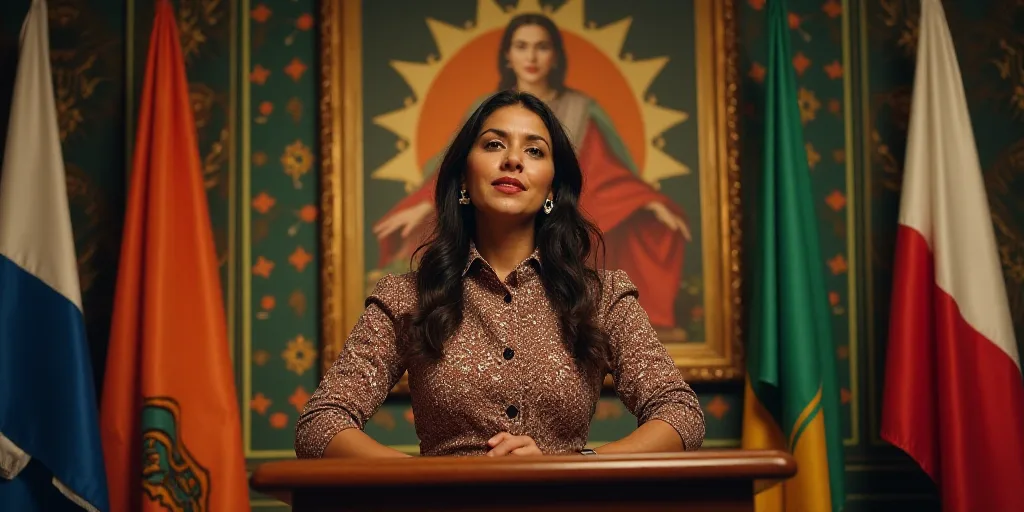 a woman standing at a podium in front of a flag and a sign with a picture of a woman, Amelia Peláez