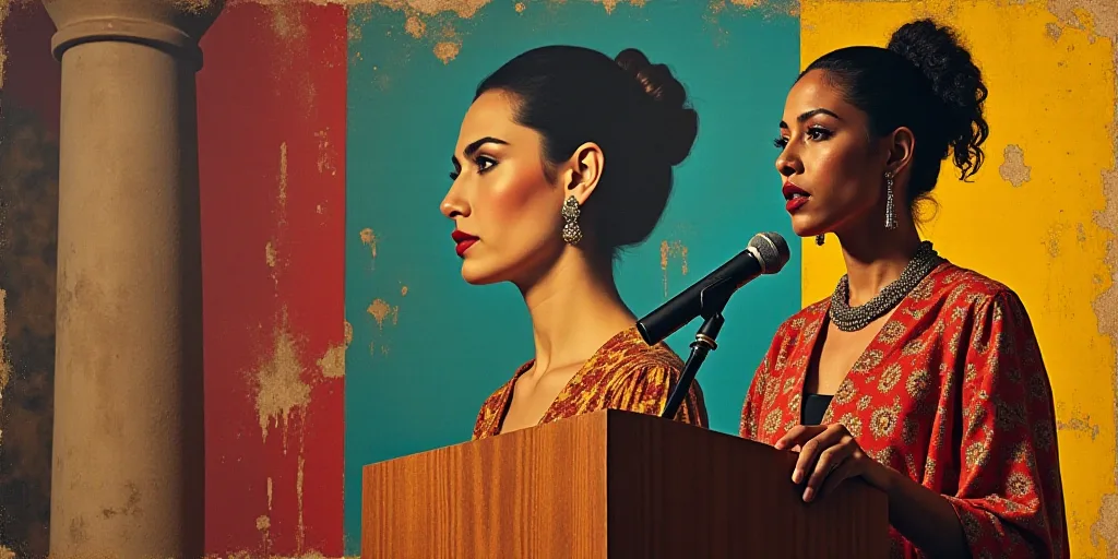 a woman standing at a podium with a microphone in front of her and a picture of a woman behind her,