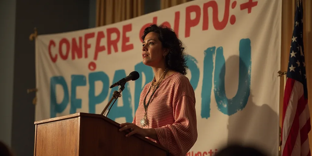a woman standing at a podium with a microphone in front of her and a banner behind her that says con