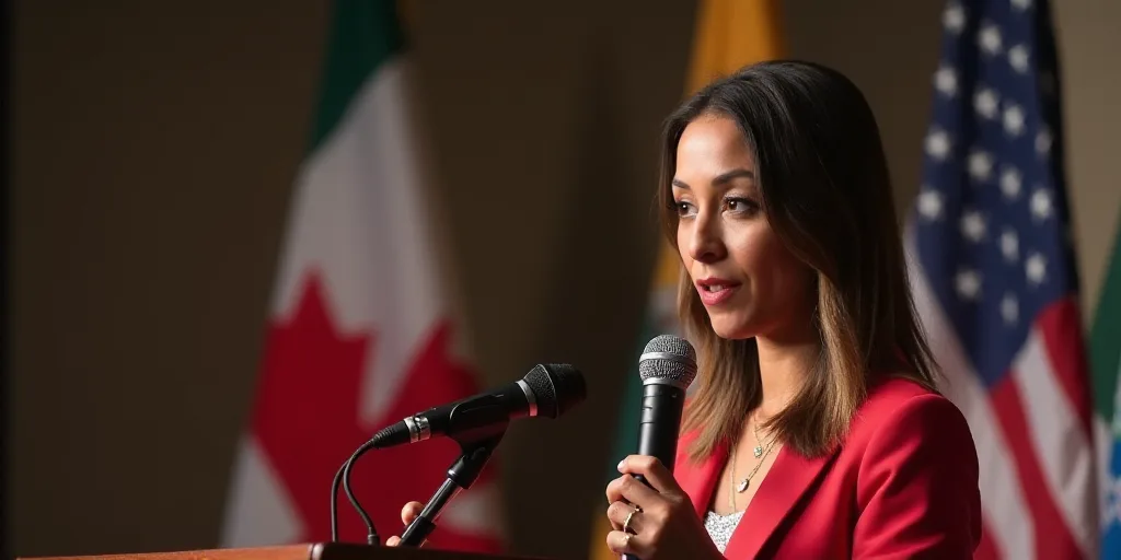 a woman standing at a podium with a flag behind her and a picture of a woman holding a microphone, A