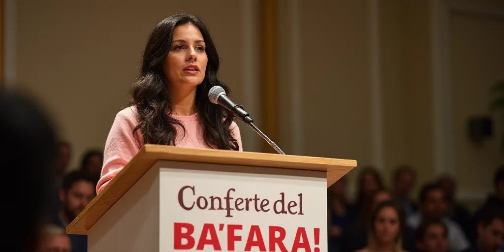 a woman standing at a podium with a microphone in front of her and a sign behind her that says confe