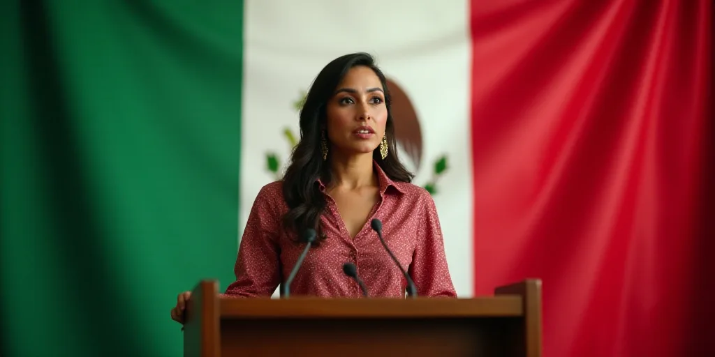 a woman standing at a podium with a mexican flag behind her and a mexican flag behind her, with a me