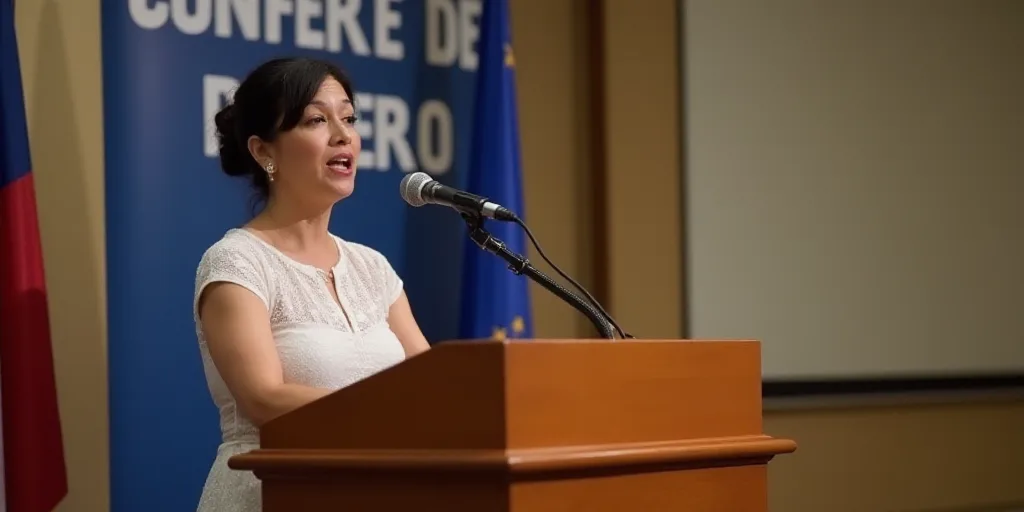 a woman standing at a podium with a microphone in front of her and a banner behind her that says con