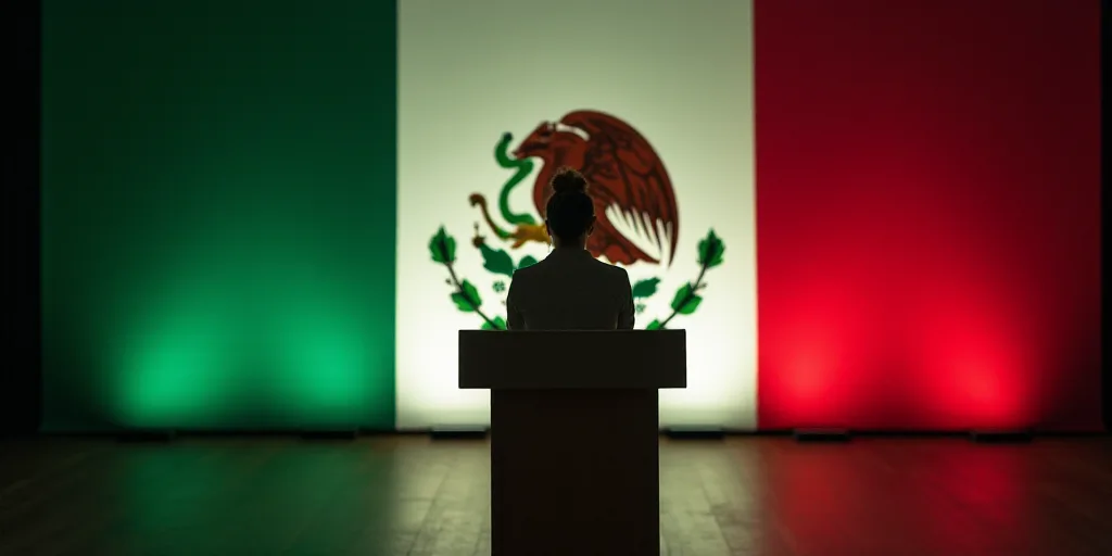 a woman standing at a podium with a mexican flag behind her and a mexican flag behind her, with a me