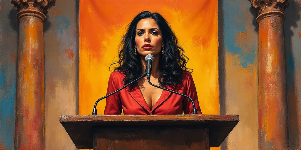 a woman standing at a podium with a microphone in front of her and a banner behind her that says con