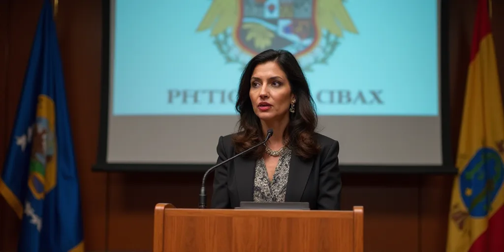 a woman standing at a podium with a microphone in front of a screen with a flag behind her and a ban