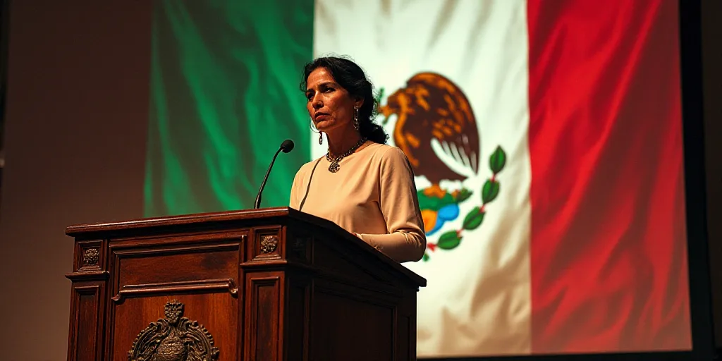 a woman standing at a podium with a flag behind her and a mexican flag behind her, with a woman in t