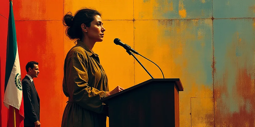 a woman standing at a podium with a microphone in front of her and a flag behind her and a woman in