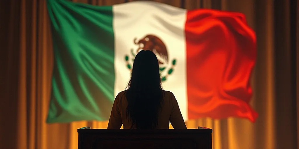 a woman standing at a podium with a flag behind her and a mexican flag behind her, with a woman in t