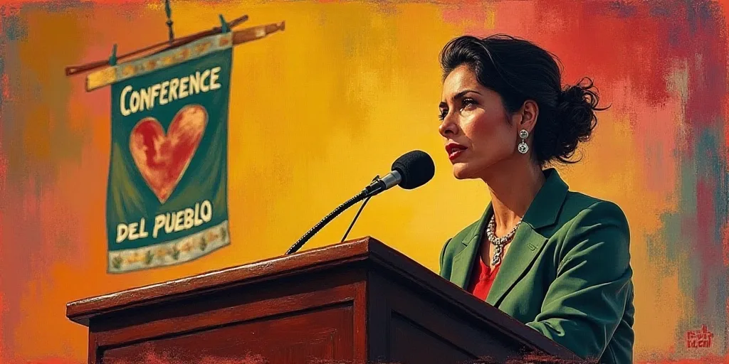 a woman standing at a podium with a microphone in front of her and a banner behind her that says con