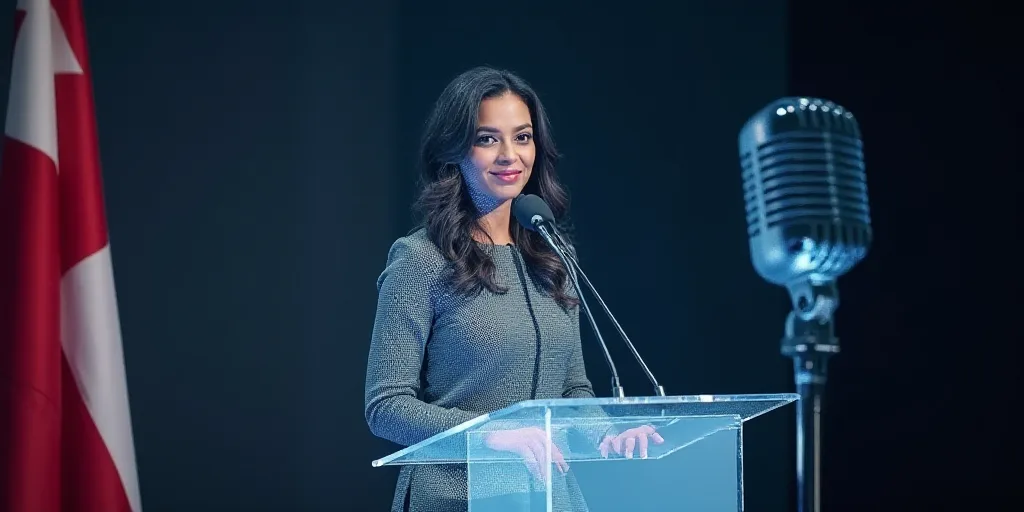 a woman standing at a podium with a microphone in front of a flag and a speaker behind her is a micr