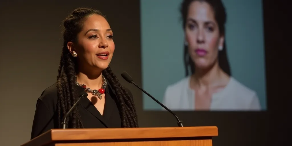 a woman standing at a podium with a microphone in front of her and a picture of herself behind her,