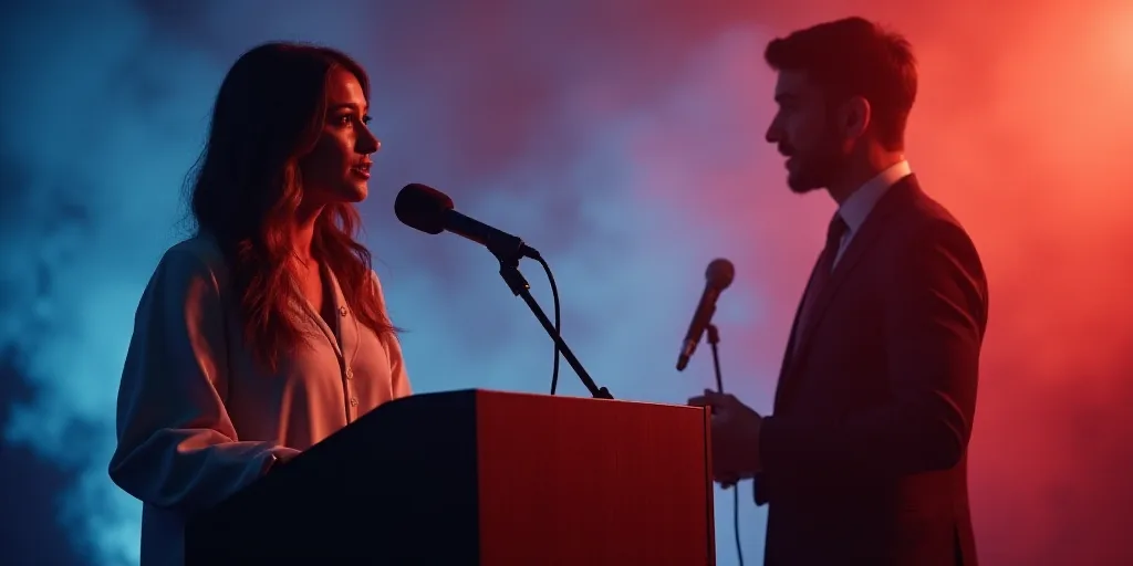 a woman standing at a podium with a microphone in front of her and a man standing behind her with a